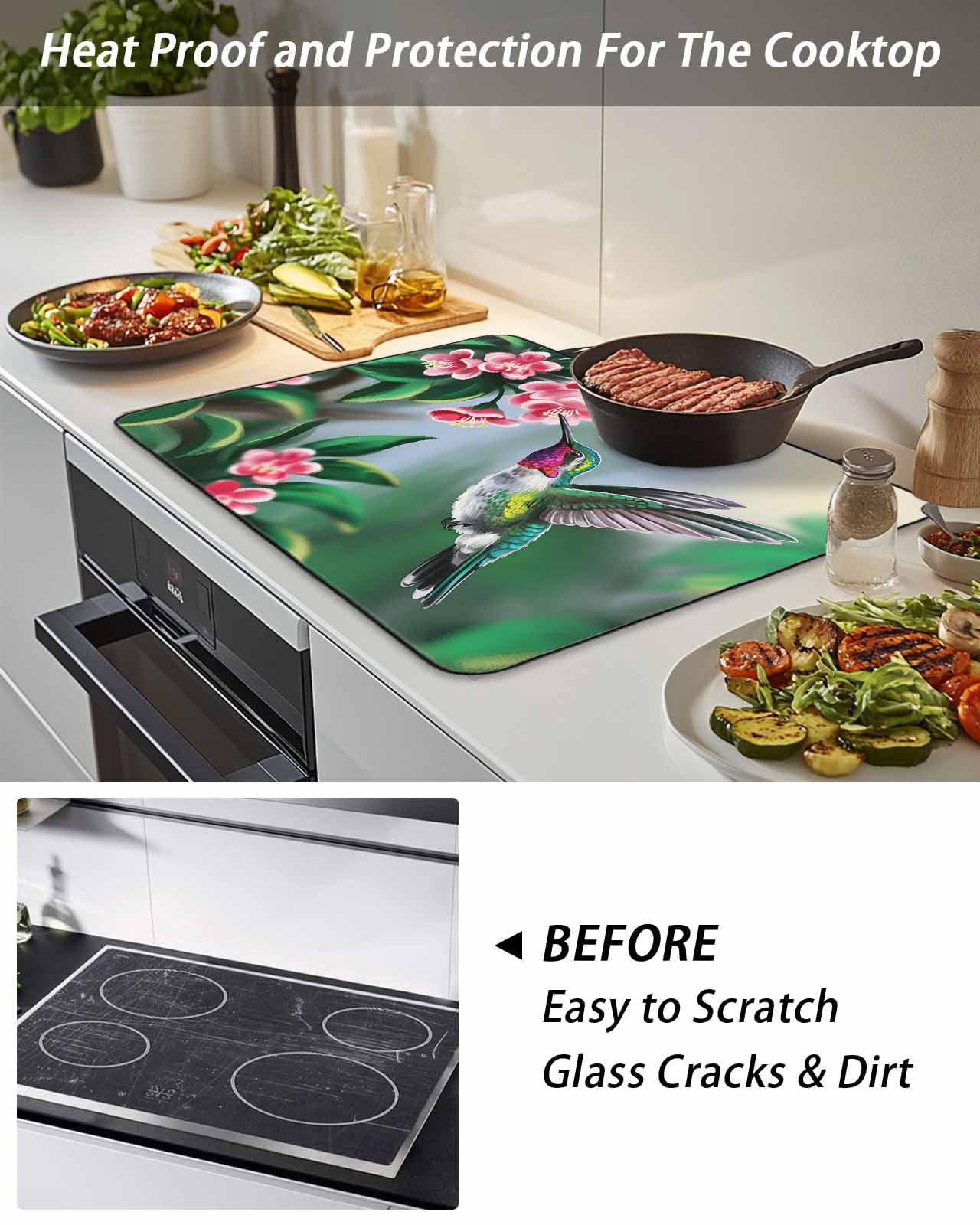 Stove Top Covers for Electric Stove, Green Hummingbird Glass Stovetop Cover Protector, Spring Summer Pink Flower Leaf Induction Cooktop Protector Oven Mat for Kitchen Countertop 24"x21"