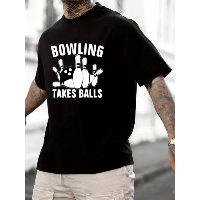 Crew Neck Bowling Print Men's Fashionable Summer Short Sleeve Sports T-shirt, Comfortable And Versatile