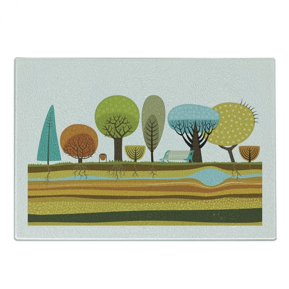 Urban Cutting Board, Illustration of Flat Park Elements in the City as Trees Roots Bench Soil and Water, Decorative Tempered Glass Cutting and Serving Board, Small Size, Multicolor, by Ambesonne