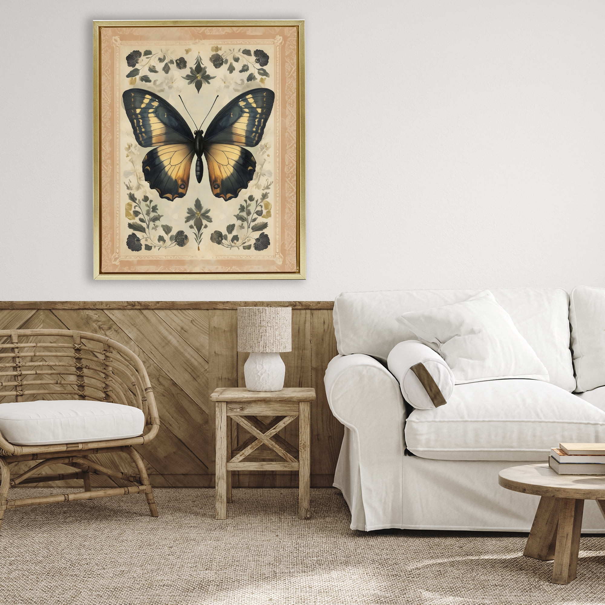 Stupell Industries Vintage Butterfly Botanical Illustration Gold Framed Floater Canvas Wall Art, design by Arlington Prints