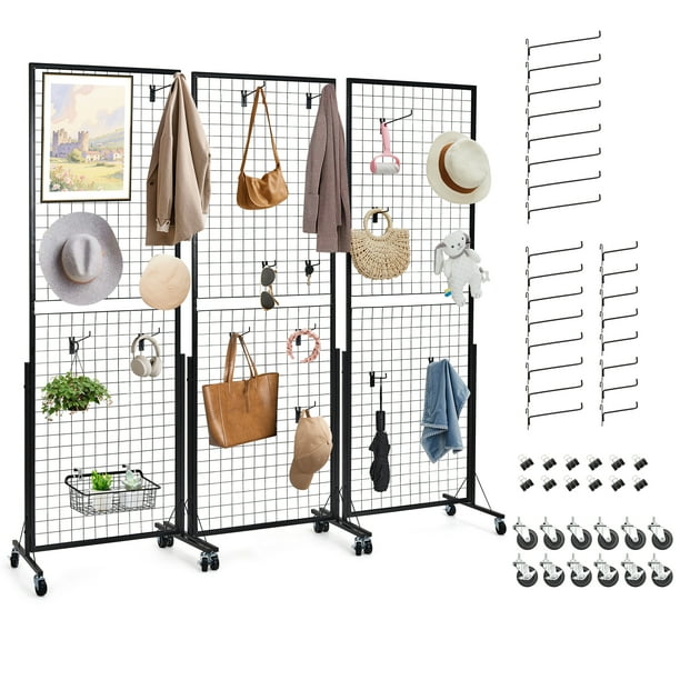 Yeshouse Expositor de paneles de pared de rejilla industrial - Panel móvil de alta resistencia con base triangular en T - Incluye clips y ganchos adicionales - Perfecto para venta al por menor