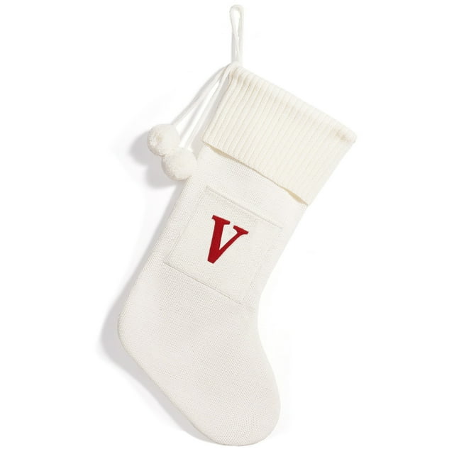 Bas de Noël Tricoté avec Lettre d'Alphabet Personnalisée Initiale Tricot Blanc V