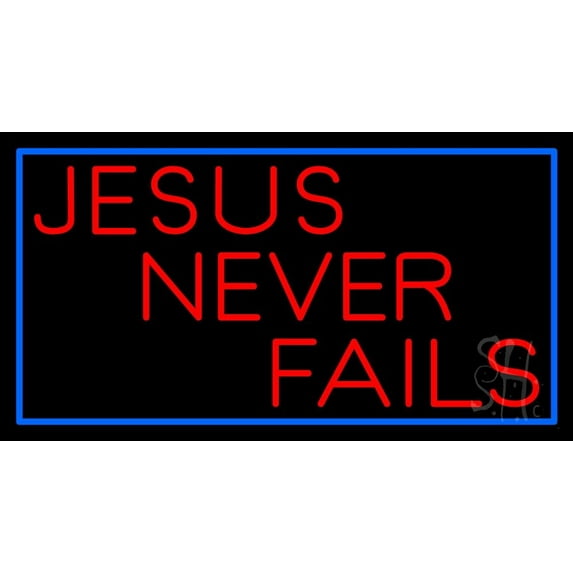 Red Jesus Never Fails LED Neon Sign 20" Tall x 37" Wide - inches Black Square Cut Acrylic Backing, with Dimmer - Premium built indoor Sign for Home décor, Event, Religious place, Store interior.
