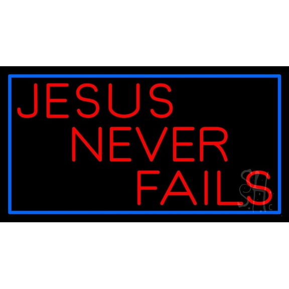 Red Jesus Never Fails LED Neon Sign 20" Tall x 37" Wide - inches Black Square Cut Acrylic Backing, with Dimmer - Premium built indoor Sign for Home décor, Event, Religious place, Store interior.