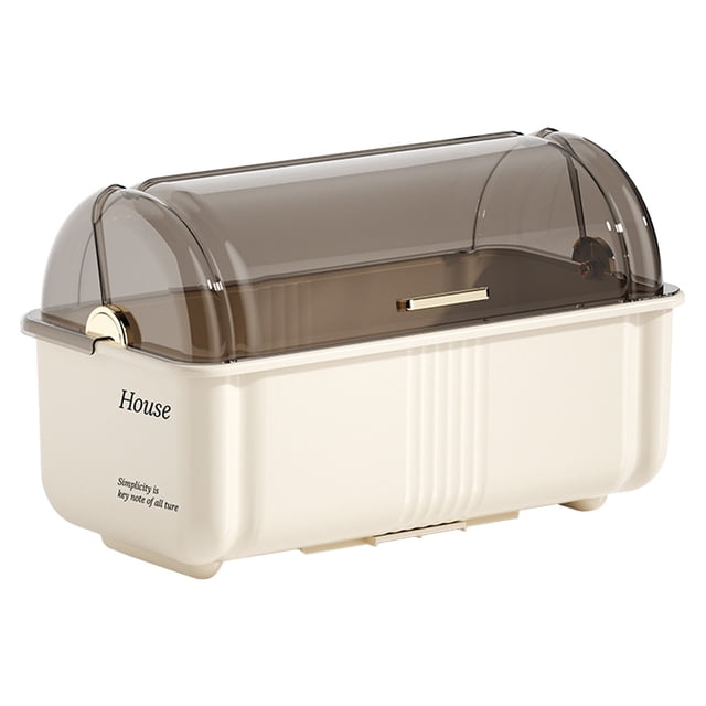 Covered Dish Drying Rack, Plastic Dish Drainer Box, Multifunctional Tableware Organizer, Space Saving Dish Holder, Dustproof Rack for Plate Bowl Cutlery Kitchen Storage, 1 Piece,Beige-17"