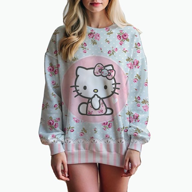 Sudadera con estampado de gran tamaño para mujer, sudadera holgada de estilo anime de otoño 2024, sudaderas con capucha de alta calidad con estampado de Hello Kitty para niña