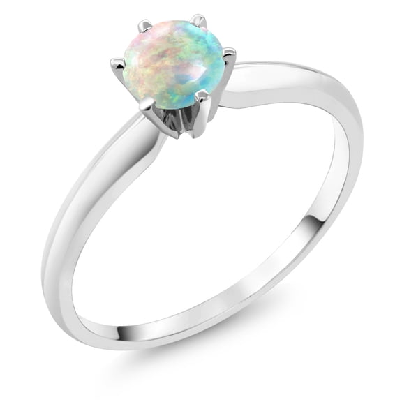 Gem Stone King 18K White Gold Simulated White Opal Engagement Solitaire Ring for Women (0.50 Cttw, Round Cabochon 5MM, Gemstone October Birthstone, Size 5)