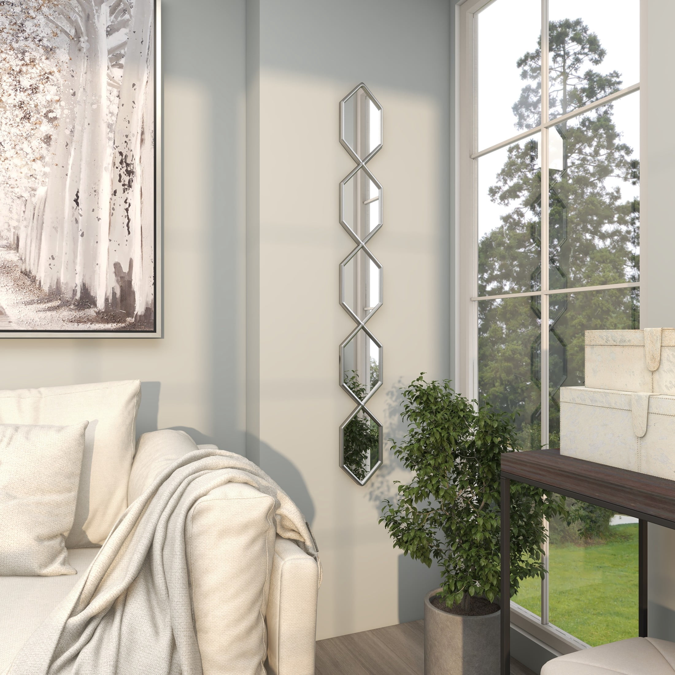 DecMode 7" x 59" Silver Slim Stacked Chain 5 Layer Geometric Wall Mirror with Trellis Pattern