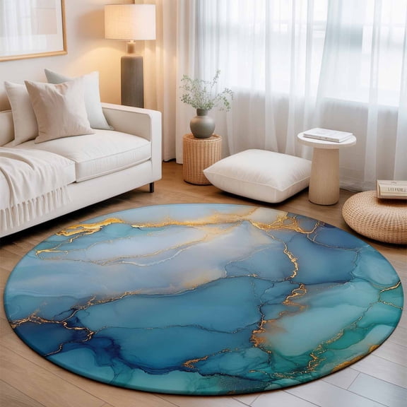 Small Round Rug 3Ft, Turquoise Blue Marble Non-Slip Washable Circle Rugs Carpet, Modern Teal Gold Geometric Indoor Outdoor Rug Floor Mats Throw Runner for Bedroom Living Room Bathroom