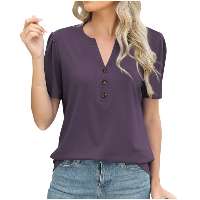 Plebaso Womens Tops V Neck Short Sleeve Casual Shirts Solid Color Loose Summer Tunic Blouses with Button