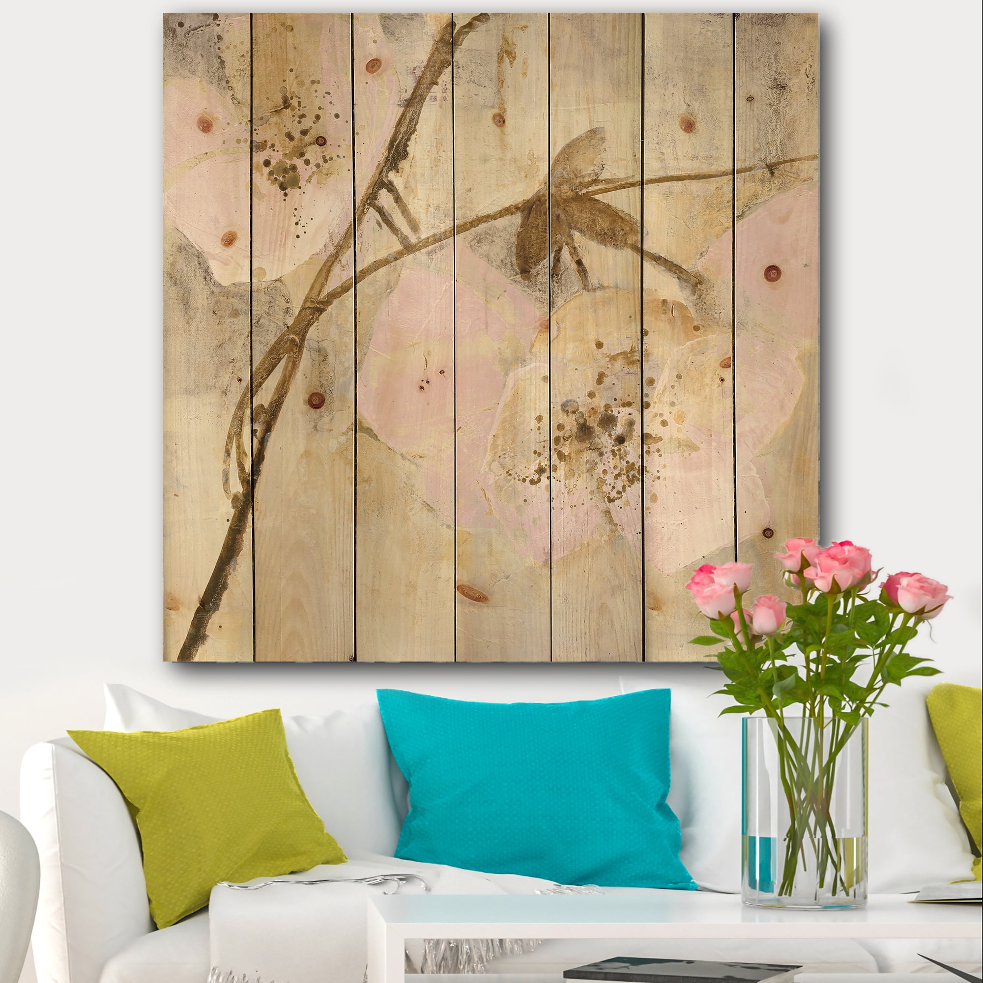 Designart 'Elegance II Pink' Shabby Chic Print on Natural Pine Wood