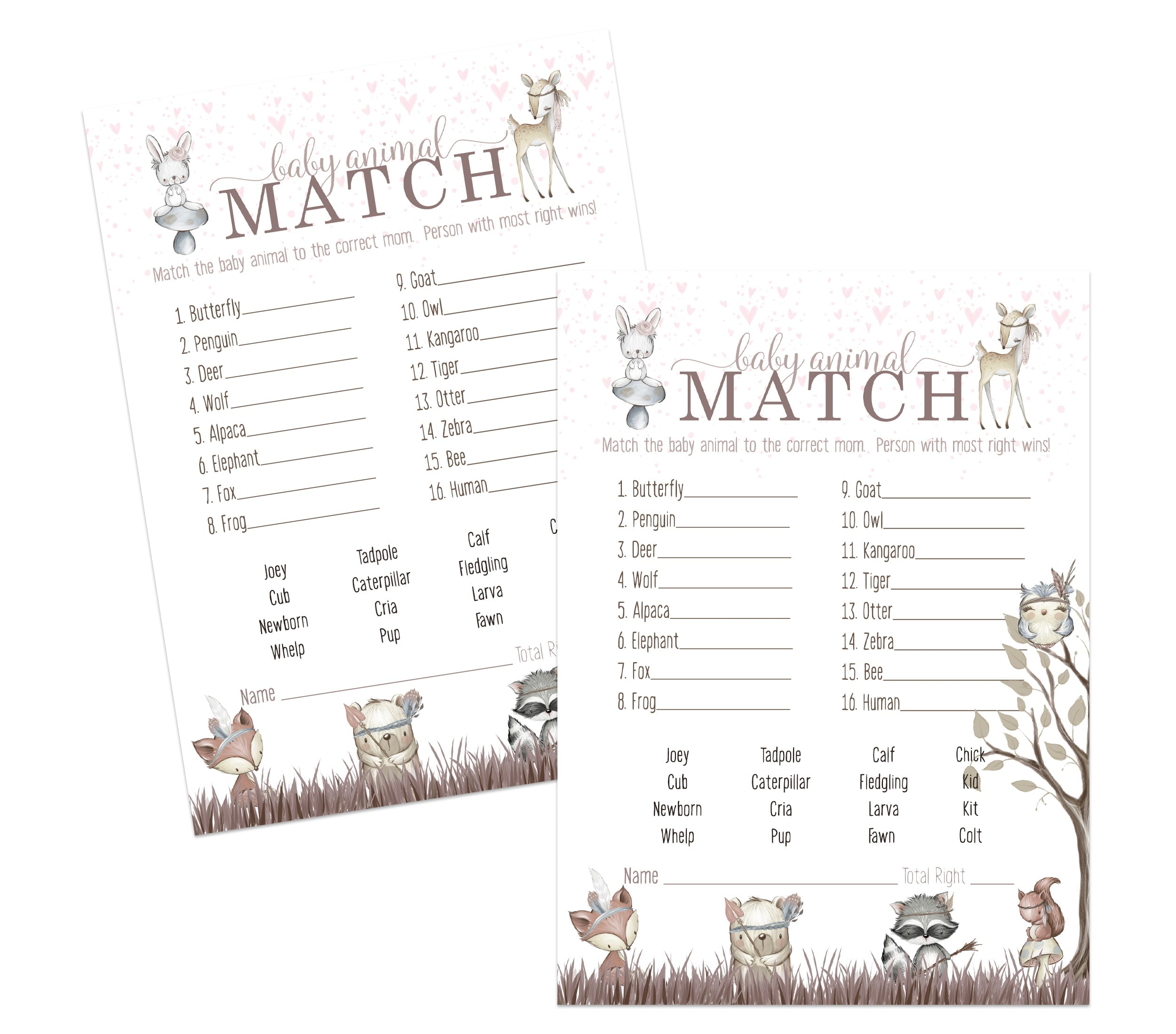 Woodland Friends Animal Match Baby Shower Game Cards 25 Pack Guessing Activity - Pink Rustic Floral Event Supplies - 5x7 Size Set - Paper Clever Party