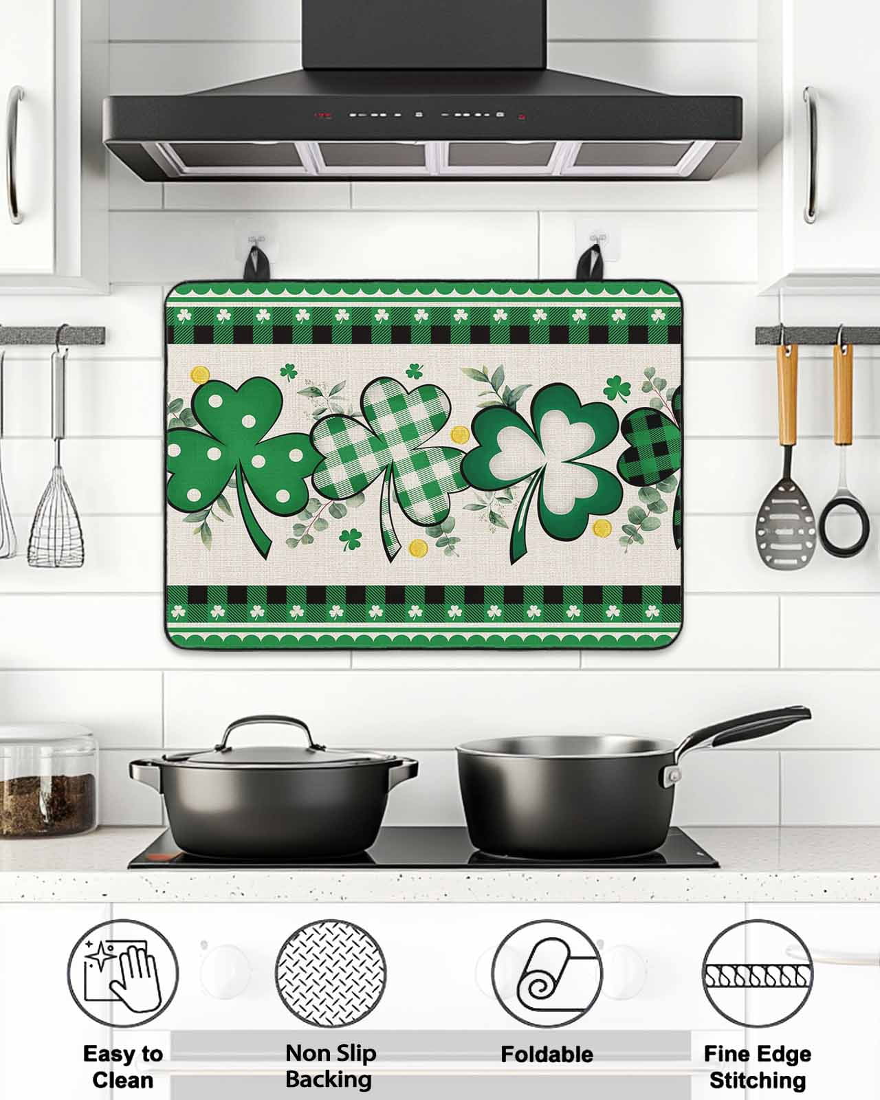 Stove Top Covers for Electric Stove, St. Patrick's Day, Glass Stovetop Cover Protector, Green Shamrock Farmhouse Plaid Eucalyptus Induction Cooktop Protector Oven Mat for Kitchen Countertop 24"x21"