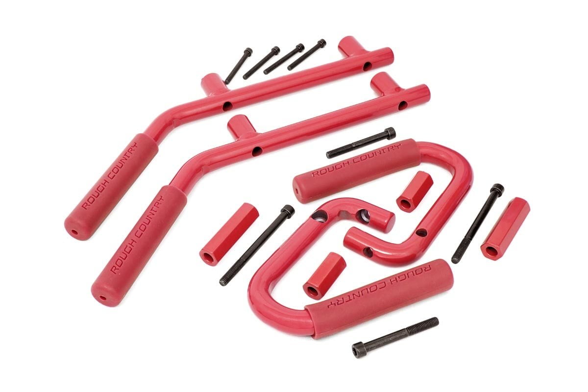 Set Compatible w// 2007-2018 Jeep Wrangler JK Black Geometric Style Rough Country 6509 Aluminum Grab Handles