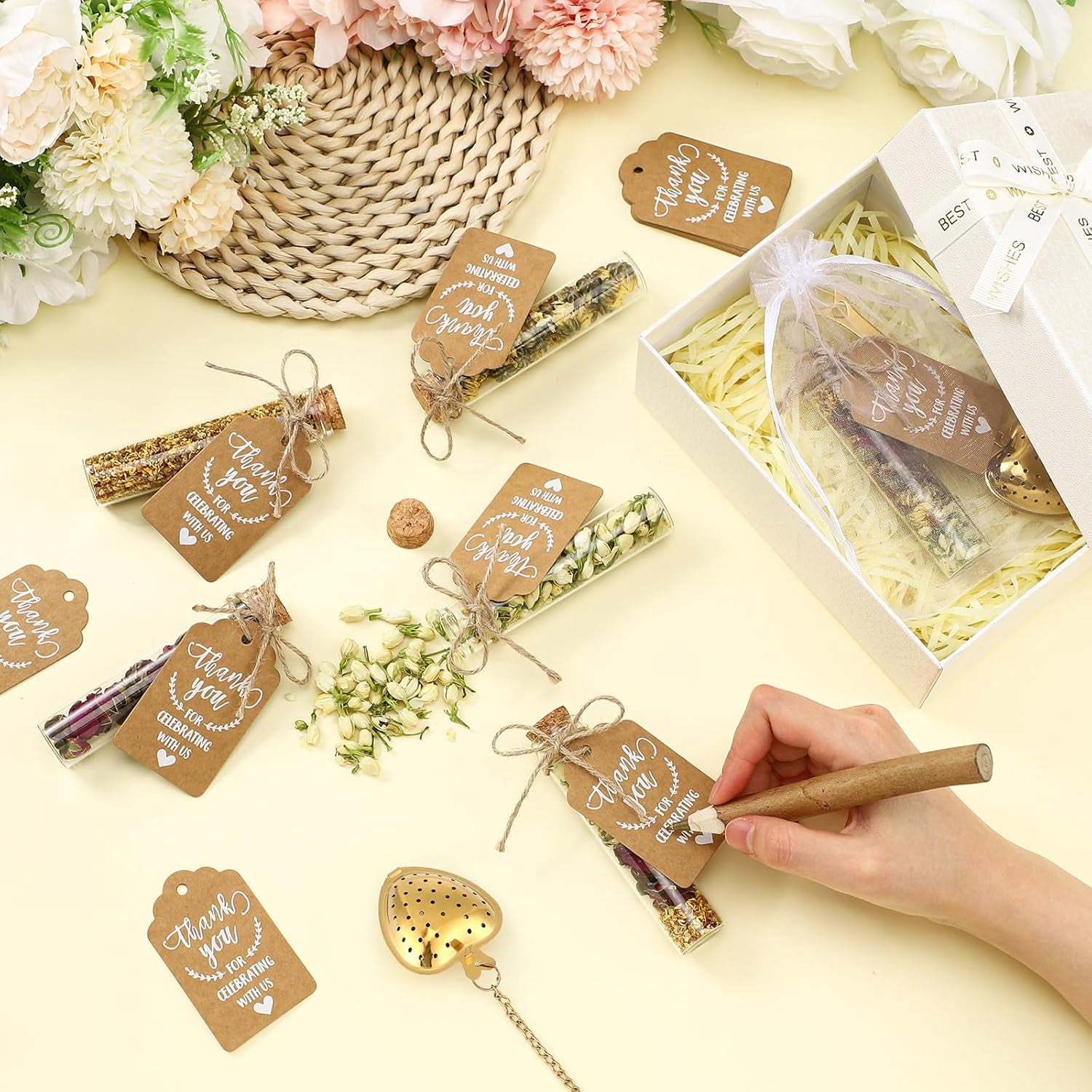 49Pcs Tea Party Favors Set with 12 Gold Heart Tea Infusers Glass 12 Bottles 12 Gift Tags 12 Organza Bags 1 Rope, Bulk Wedding Bridal Shower Guest Gifts DIY Tea Gift Set Party Decorations
