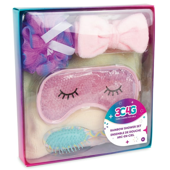 Three Cheers for Girls: Rainbow Shower 5 Piece Set W/ Loofah, Mask, Brush, Headband, & Towel Wrap, Kids Ages 6 