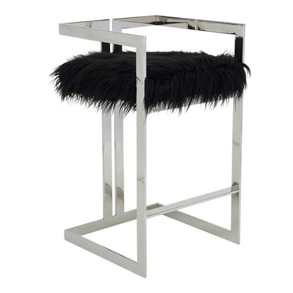 Pemberly Row 27.5" Stainless Steel & Faux Fur Bar Stool in Black/Silver