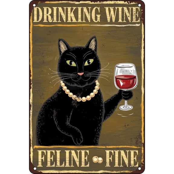 Vintage Home Bar Decor Wine Signs Hippy Cat Poster for Kitchen Wall Art - Drinking Wine & Feline Fine Sign Bar Accessories for Cafe Bar Cat Lovers 8X12 In