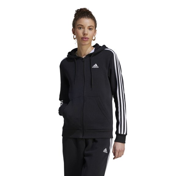 Women's adidas Essentials 3-Stripes Full-Zip Fleece Hoodie Color: Black White Size: X LARGE