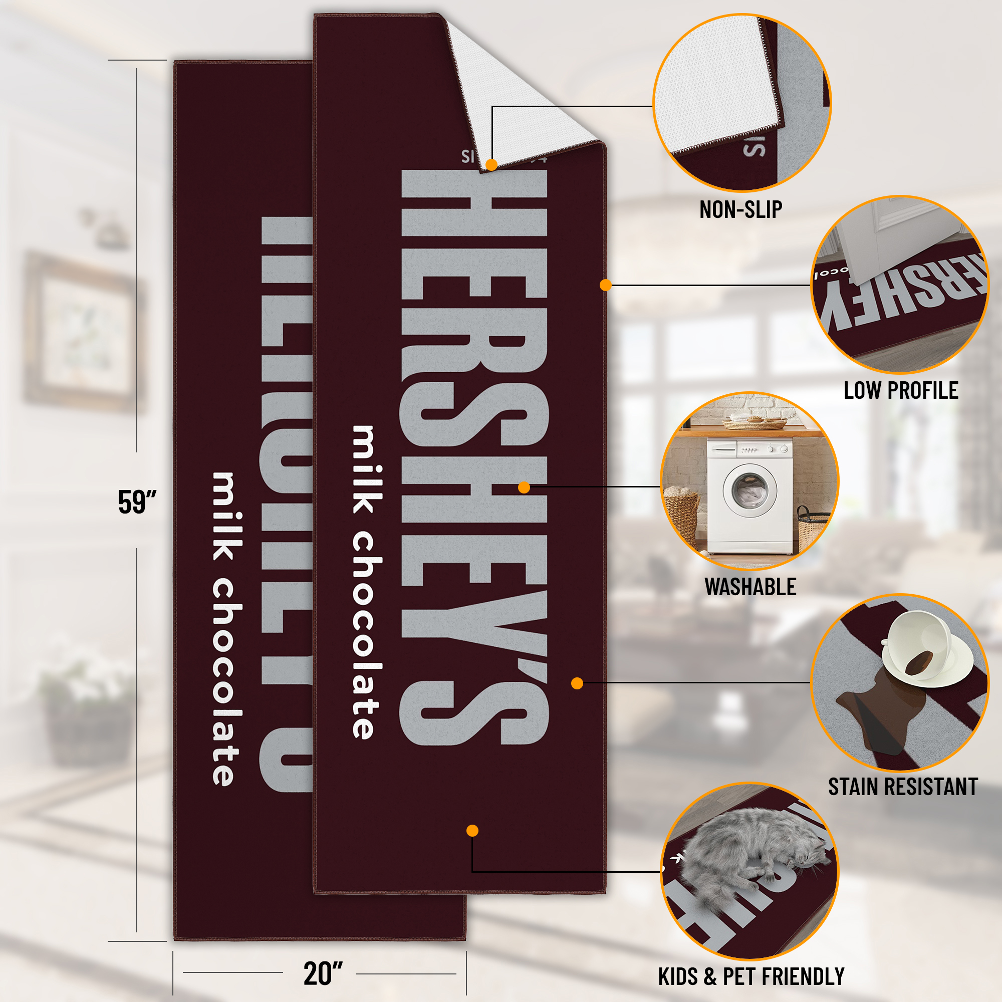 Ottomanson Hershey Logo Machine Washable Non-Slip Rubberback 2x5 Runner Rug, 20"x 59", Brown
