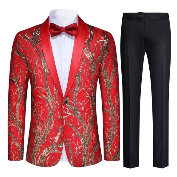 AZoiNM Men's Slim Fit Sequin Tuxedo Suit, 1-Button Shawl Lapel 2-Piece Blazer and Pants Set for Prom, Dance, and Stage Performance