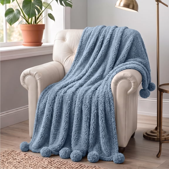 PAVILIA Soft Sherpa Throw Blanket Pom Pom for Couch Sofa, Light Blue 50x60