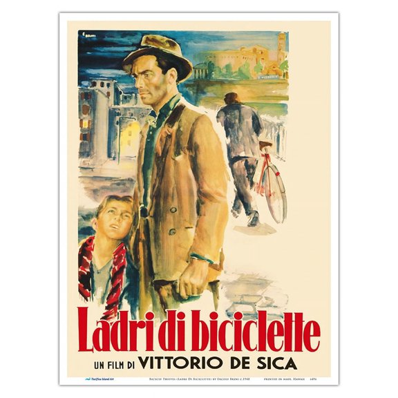 Bicycle Thieves (Ladri Di Biciclette) - Vintage Italian Film Movie Poster by Ercole Brini c.1948 - Master Art Print (Unframed) 9in x 12in
