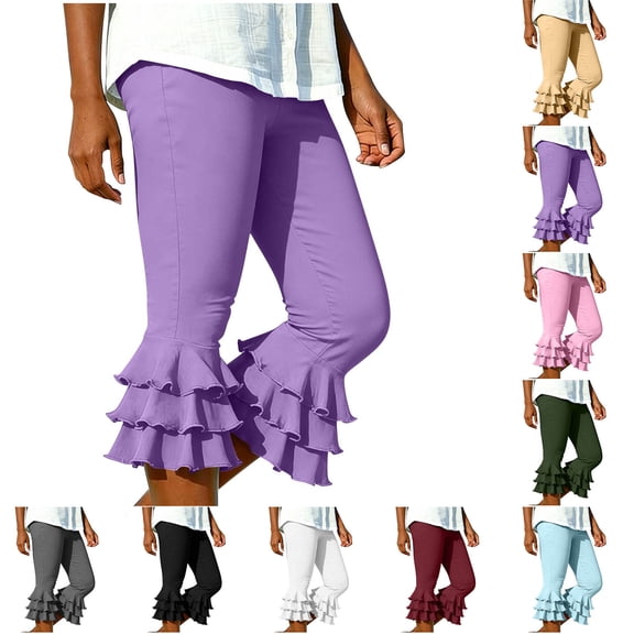 HBGVBA Women Capris Leggings Ruffle Pants,Solid Color Elastic Waist Yoga 3/4 Pants with Layer Ruffle Hem Relaxed Daily Casual Bottoms