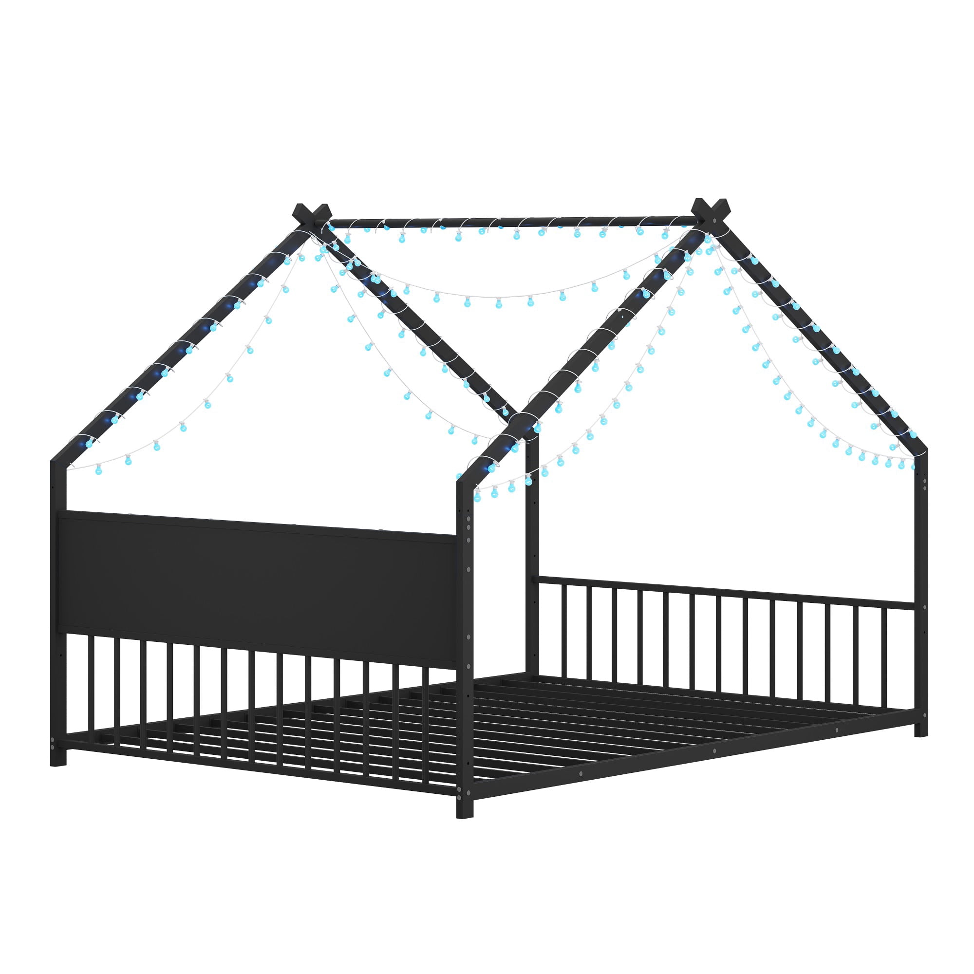 Aukfa Full Size Metal House Bed Frame with LED Lights, Montessori Floor Bed for Kids & Toddlers, Modern Kids Room Furniture, Black
