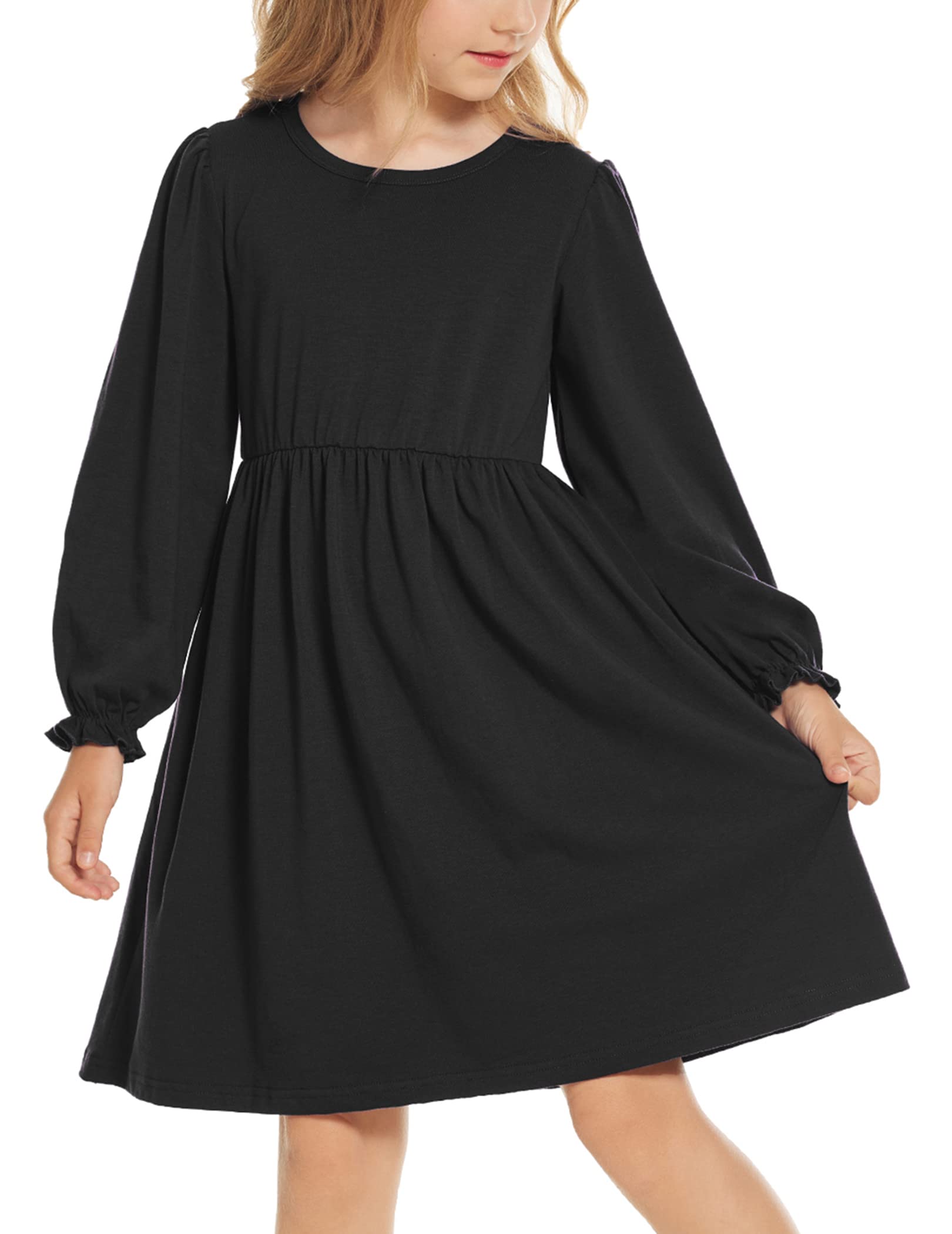 Yekaty Girls Black Dresses Kids Puff Sleeve Fall Dress Casual Plain