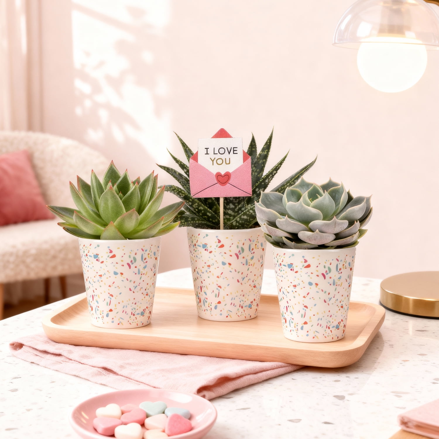 2.5IN Succulent Trio (Love You Edition) – Confetti Terrazzo – “I Love You Envelope” Pick