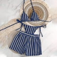 thumbnail image 2 of CIENVNSTG Halter Striped Three Pieces Swimwear Womens Bohemian Bikini Set Equipped With Cover Up Shorts Casual Holiday Bathing Suit Navy L, 2 of 4