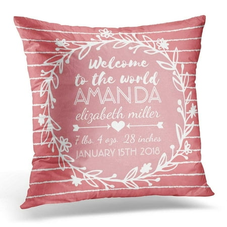 Girl Wreath - WOPOP Pink Nursery Wreath Stripe Baby Girl Birth Stats Pillowcase Cover 18x18 inch