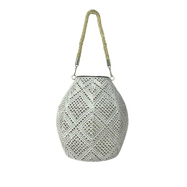 Herunwer Solar-Powered Garden Hanging Lantern, White Metal Lantern with Geometric Cut-Outs for Outdoor Decor