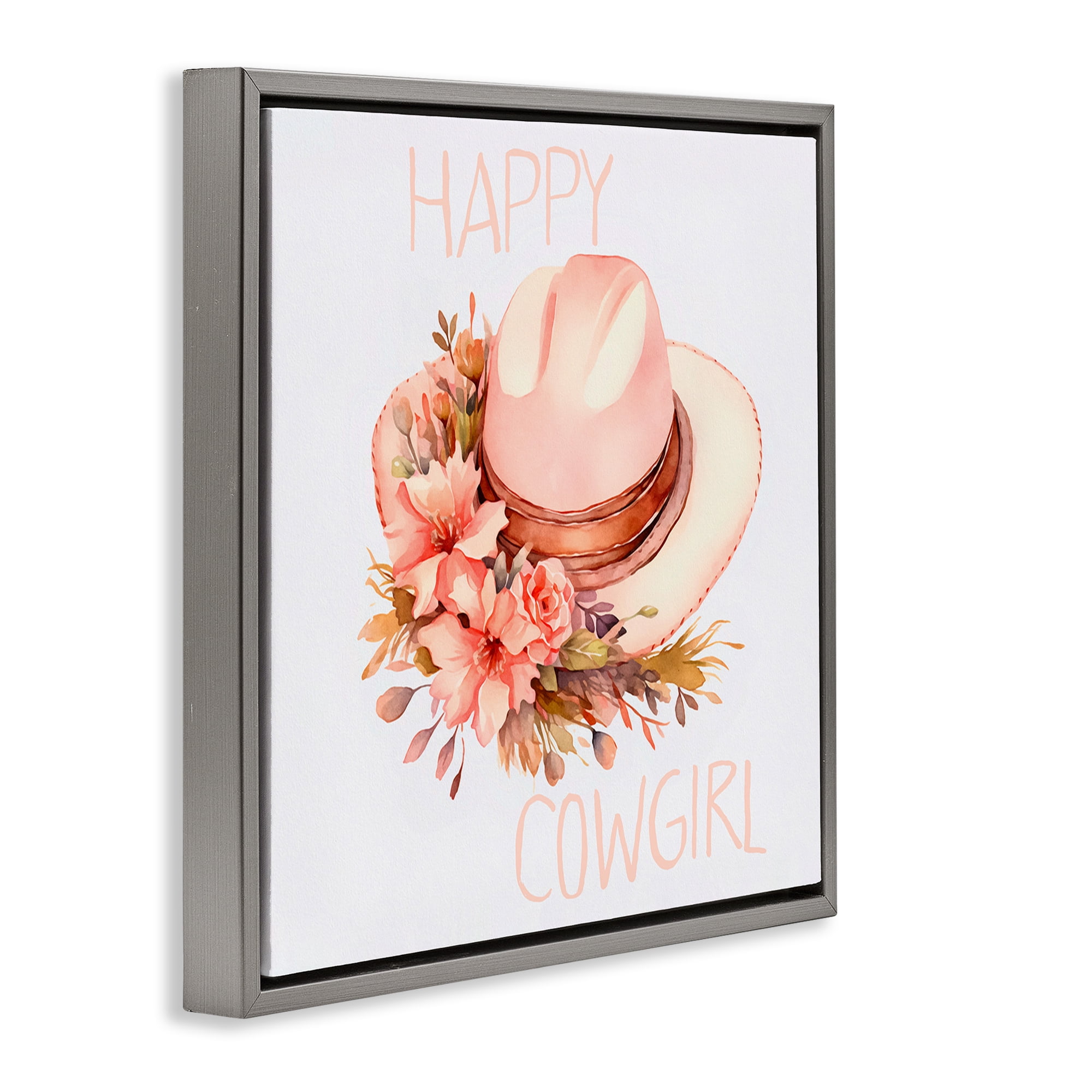 Stupell Industries Happy Cowgirl Floral Hat Plants & Flowers Painting Gray Floater Framed Canvas Art Print Wall Art, 25 x 25