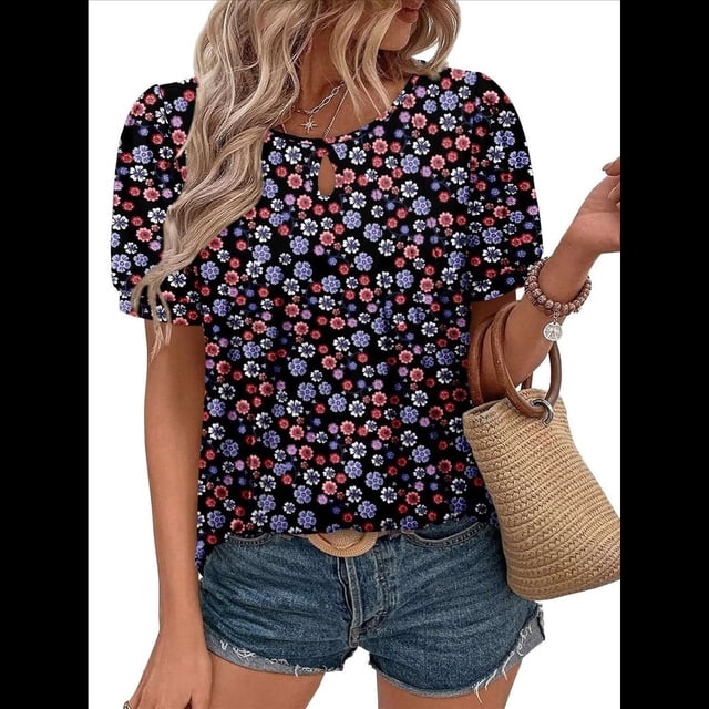 Blusas Informales de Negocios para Mujer, Moda de Verano, Camisetas con Mangas 3/4 con Volantes, Blusa Tipo Túnica Elegante e Informal. Negro L