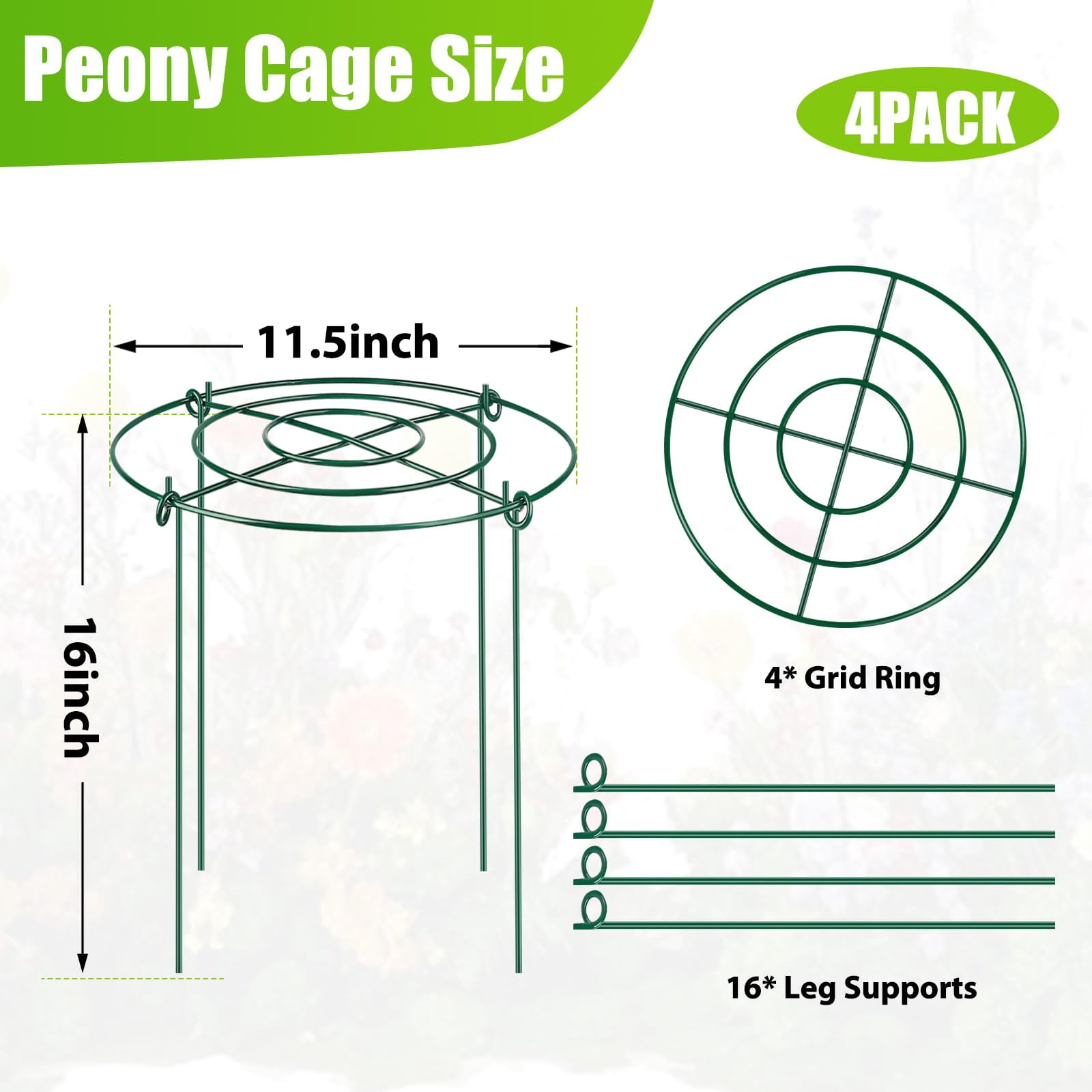 SLUMLOVE 4 Pack Peony Cages and Supports,11.8x16 Inch Heavy Duty Metal Plant Support Cage-Rust‑Resistant Flower Support Rings for Peonies, Roses, Tomatoes, Hydrangeas & Outdoor Plants
