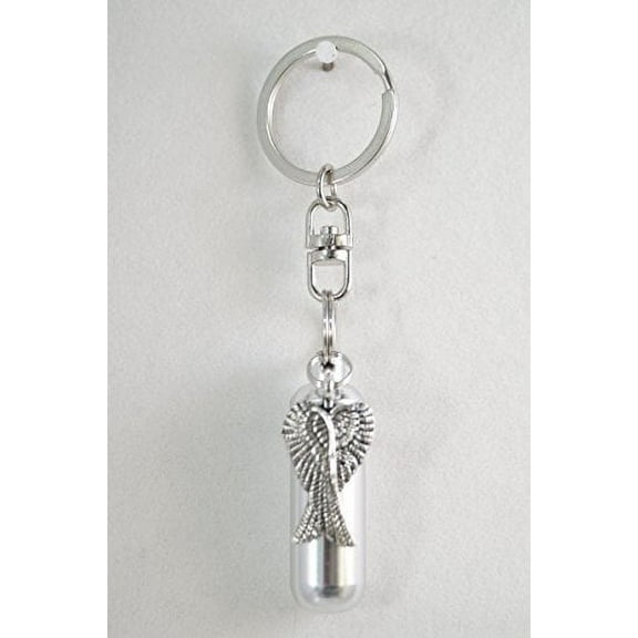 ANGEL WINGS ANOINTING OIL HOLDER/VIAL with ENGRAVED HEART - on Swivel Stainless Steel Keychain with Velvet Pouch & Funnel