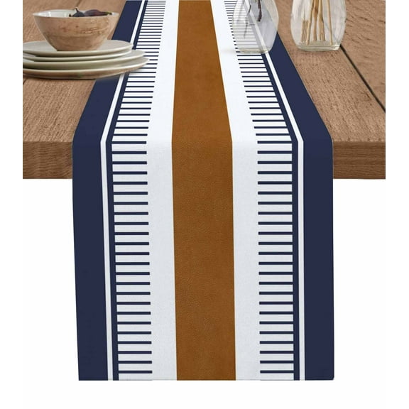 Modern Brown Blue Table Runner Boho Contemporary Geometric Striped Tablerunners 13 x 90 Inch, Table Decorations Tabletop Scarf for Summer Gathering Holiday Farmhouse Kitchen Dining Decor