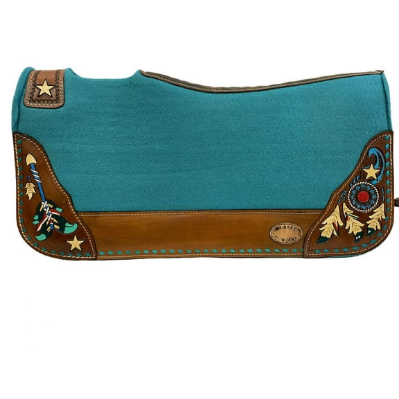 Klassy Cowgirl Barrel Style Teal Felt Saddle Pad w/ Painted Feather Design