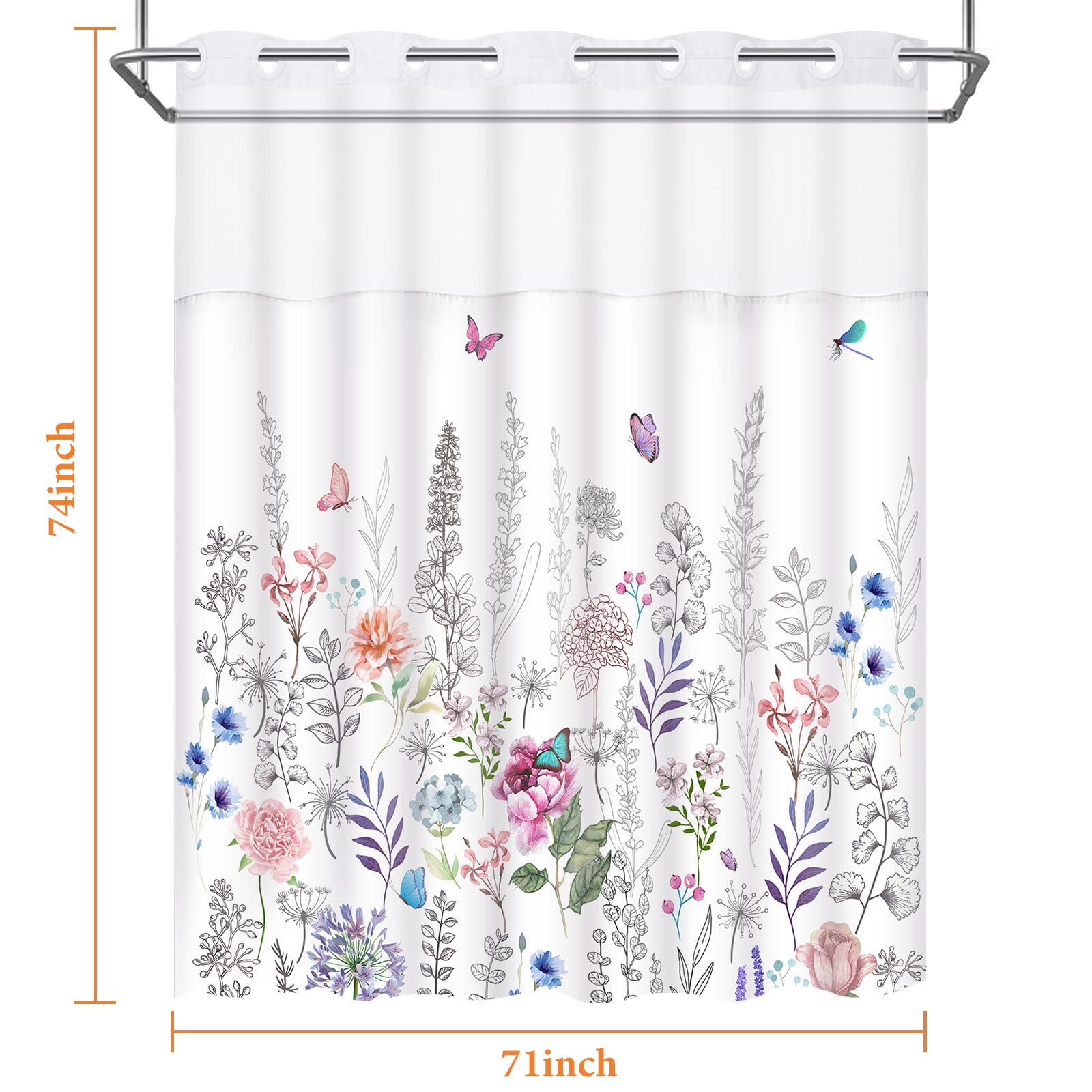 Ikfashoni Hookless Shower Curtain with Snap in Liner, White Boho Floral Waterproof Fabric Mesh Window Bath Curtain, 71"X74"