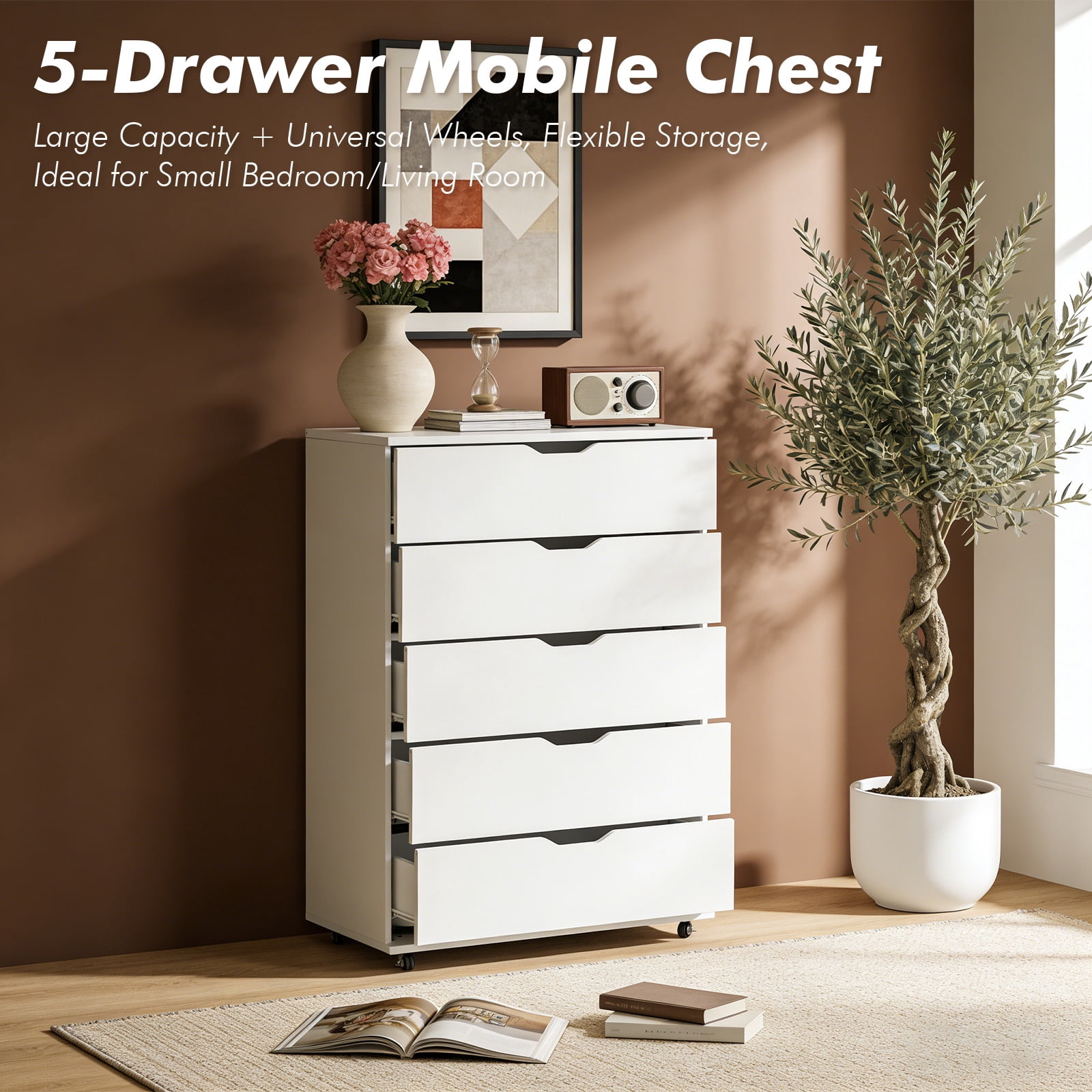 MOONMISS Wooden 5-Drawer Dresser with Wheels – Modern Storage Cabinet,White