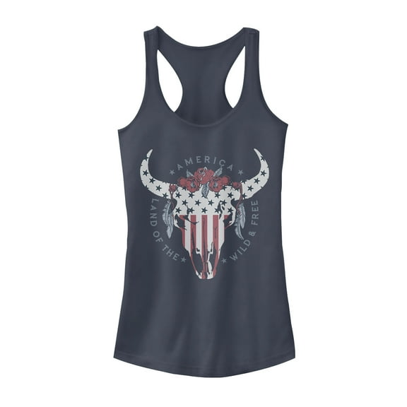 Junior's Lost Gods Fourth of July  Wild & Free Skull  Racerback Tank Top Indigo X Large