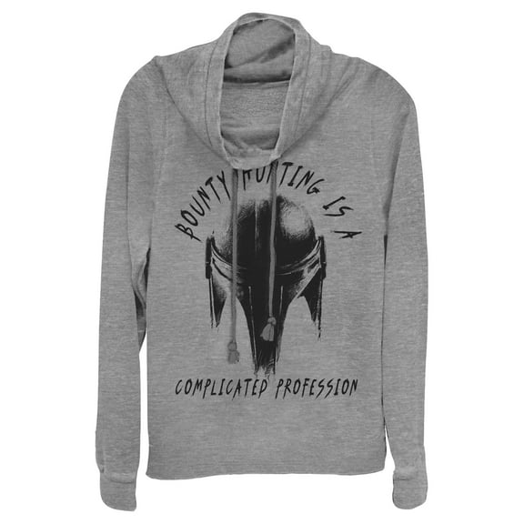 Junior's Star Wars: The Mandalorian Complicated Profession  Cowl Neck Sweatshirt Gray Heather 4X Large
