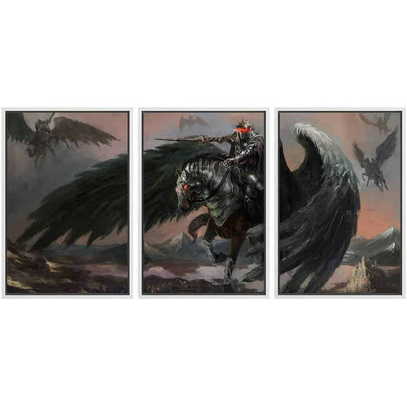 wall26 Framed Canvas Print Wall Art Set Dark Pegasus Valkyrie Knight Sky Fantasy & Sci-Fi Fairy Tale Digital Art Pop Art Decorative Landscape for Living Room, Bedroom, Office - 16"x24"x
