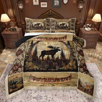 jejeloiu Wildlife Moose Full Size Comforter Sets,Retro Aztec Print Bedding Comforter Set,Rustic Pine Cone Bedding Sets For Boys,Super Cozy Room Decor Reversible,3-Piece