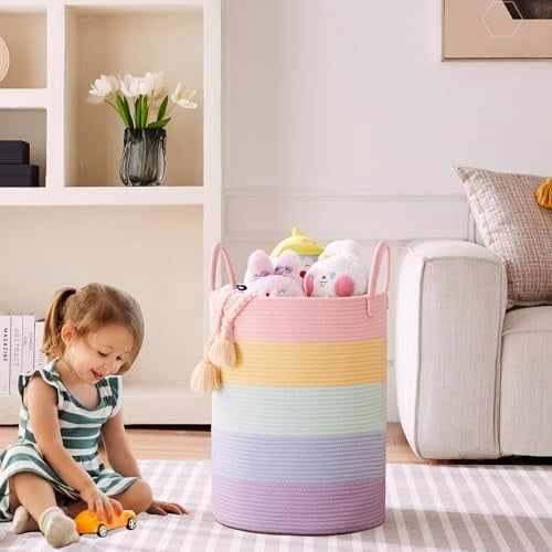 60L Hamper Laundry Basket for Baby Girls Kids Rainbow Nursery Hamper for Clothes Pastel Unicorn Woven Rope Blanket Basket for Toy in Playroom Bedroom 15Dx20H inches Large