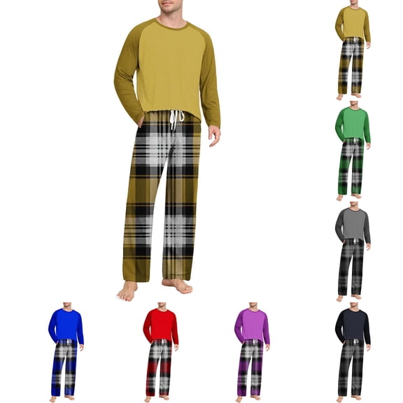 LWFFDAW Men's Pajama Set Raglan Long Sleeve Color Block Crew Neck Top and Elastic Waist Drawstring Plaid Pajama Bottoms Soft Comfy Loungewear PJS Sets