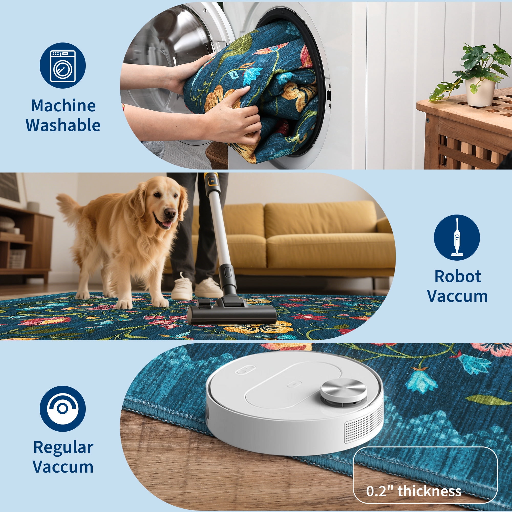 Garvee 10'x13' Floral Printed Area Rug Vintage Soft Rug, Washable Low Pile Rug Stain Resistant Farmhouse Indoor Carpets with Non Slip Backing for Living Room Bedroom Playroom, Blue