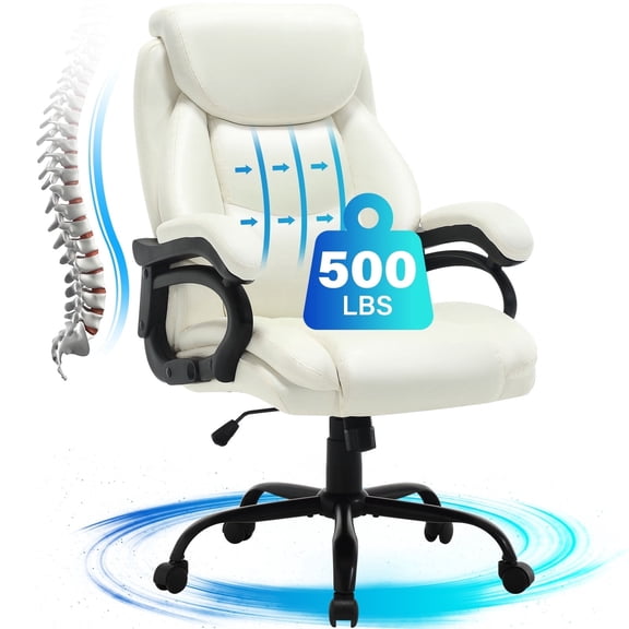 JONPONY Big and Tall Office Chair 500LBS Wide Seat Ergonomic Computer Desk Chair High Back Executive Leather Chair Adjustable Task Chair Lumbar Back Support 8 Hours Heavy Duty Design,White